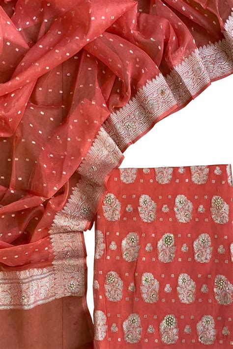 Orange Banarasi Chiffon Suit - Zardozi Work