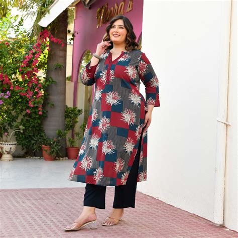 Buy Moonstone Blue Maroon Cotton Kurta | Meera Plus Size