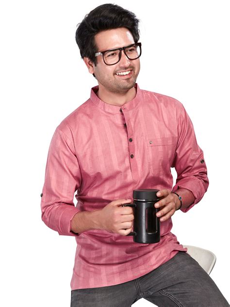 Pure Cotton Nexon Self Striped Premium Short Kurta, Pink, Regular Fit ...