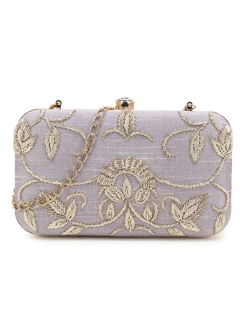 Anekaant Pastel Purple & Gold Adorn Embellished Faux Silk Clutch