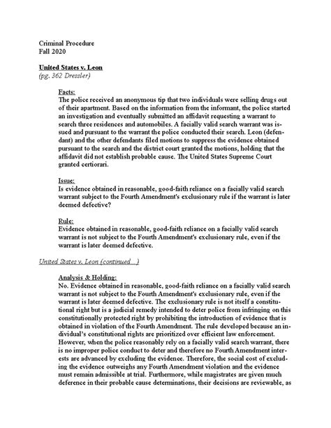 Case Brief: Crim Pro 2020 - United States v. Leon Analysis and Rulings ...