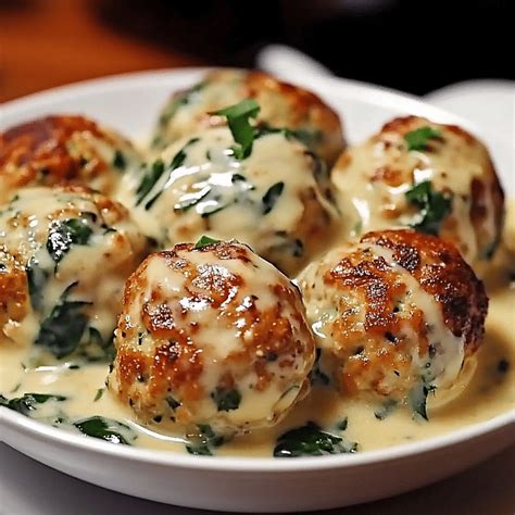 Juicy Chicken Ricotta Meatballs in Spinach Alfredo Sauce Recipe - Dave ...