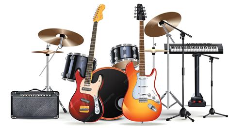 Electric guitar bass guitar drum kit and keyboard Musical instruments ...