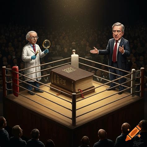 The Bible in a boxing ring with a scientist and a politician. on Craiyon