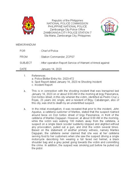 After operation Report Service of Warrant of Arrest against - Police ...