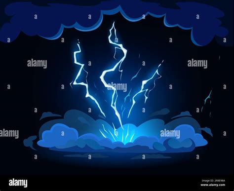 Cartoon lightning strike. Thunderbolt hit from thunderstorm clouds, shock flash effect vector ...
