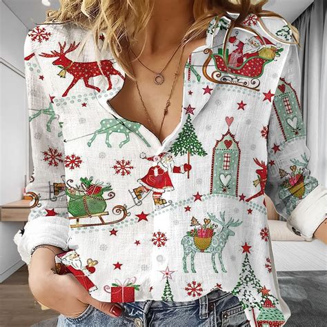 Christmas Women Casual Shirt,christmas Casual Long Sleeve Button Down ...