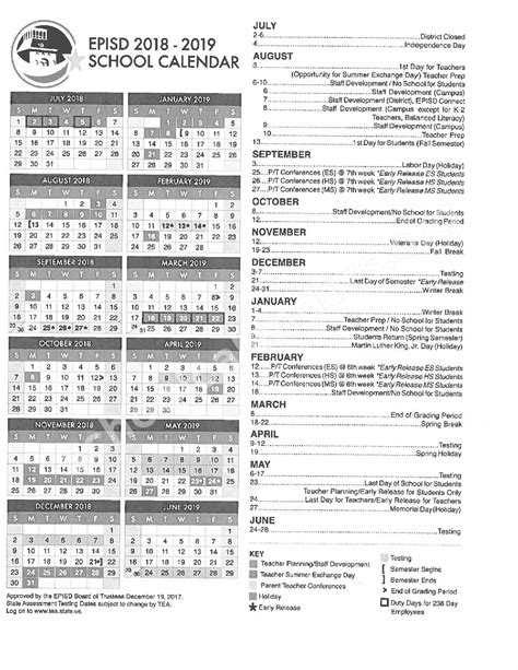 2018 - 2019 EPISD Calendar | El Paso Independent School District – El ...