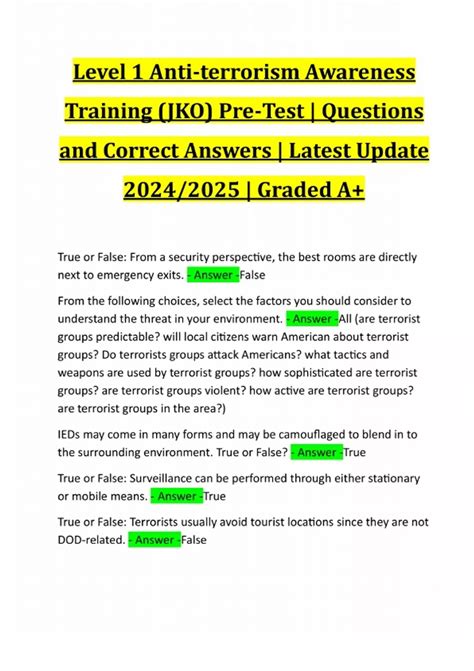 Level 1 Anti-terrorism Awareness Training (JKO) Pre-Test | Questions ...
