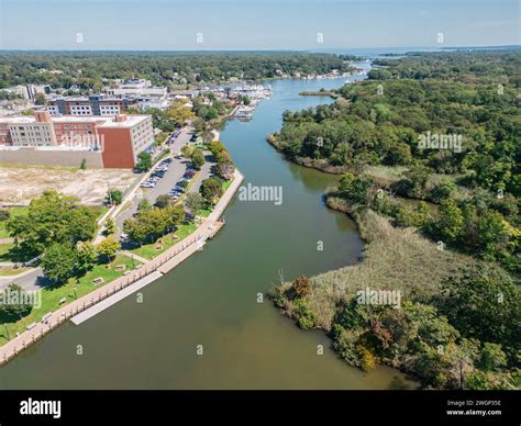 Aerial overhead view of the town of Riverhead New York located in ...