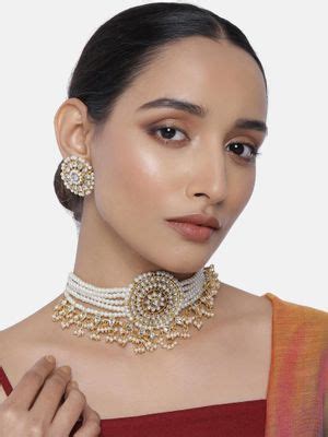 Buy Peora Gold Plated Pearl Kundan Beaded Adjustable Choker Necklace ...