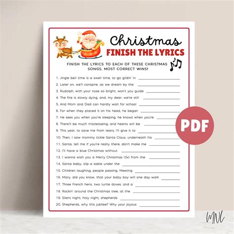 Christmas song game finish the lyrics printable christmas party game ...