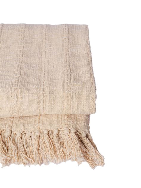 Textured Cotton Woven Tassel Throw Blanket - Beige