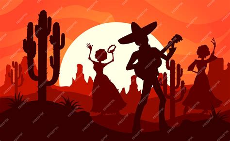 Premium Vector | Mexican desert sunset landscape silhouettes of mariachi musician and dancing ...
