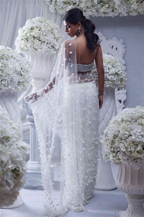 White 3d Petal Prestitched Sari With Sequin Blouse – Esha Sethi Thirani