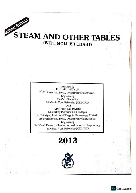 Steam Table - STEAM AND OTHER TABLES (WITH MOLLIER CHART) Arranged Prof ...