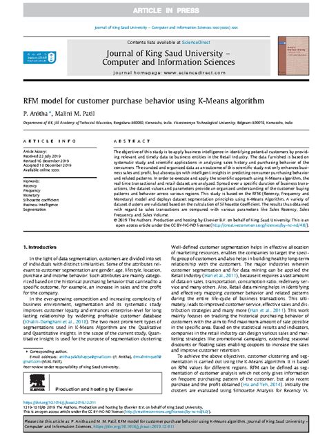 RFM model for Customer Purchase Behavior using K-M - Anitha ⇑, Malini M ...