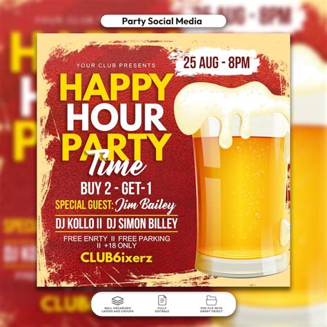 Psd happy hour party time flyer and social media post template ...