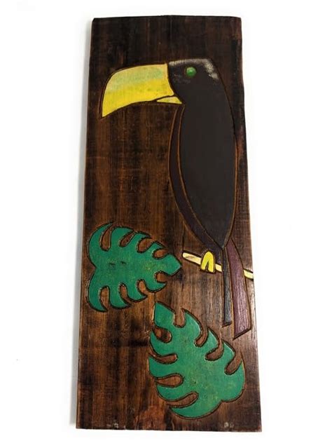 Toucan Bird & Monstera Leaf Relief 20" X 8" - Wall Art Wood Panel | # ...