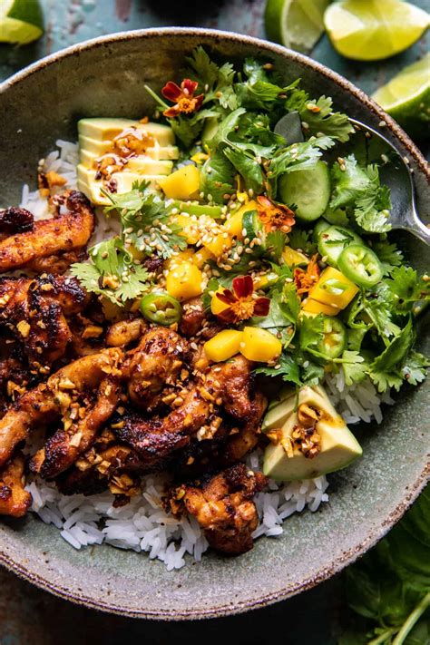 Chili Crisp Chicken Mango Cucumber Rice Bowl. - Half Baked Harvest