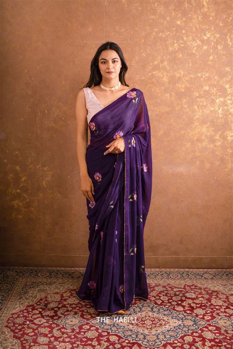 Raat Ki Raani Purple Georgette Saree – The Haelli