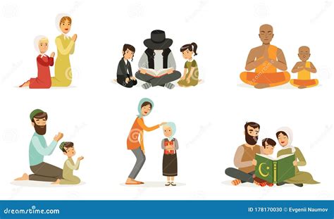 Happy Families of Different Religions Collection, Parents and Children in Traditional Clothes ...