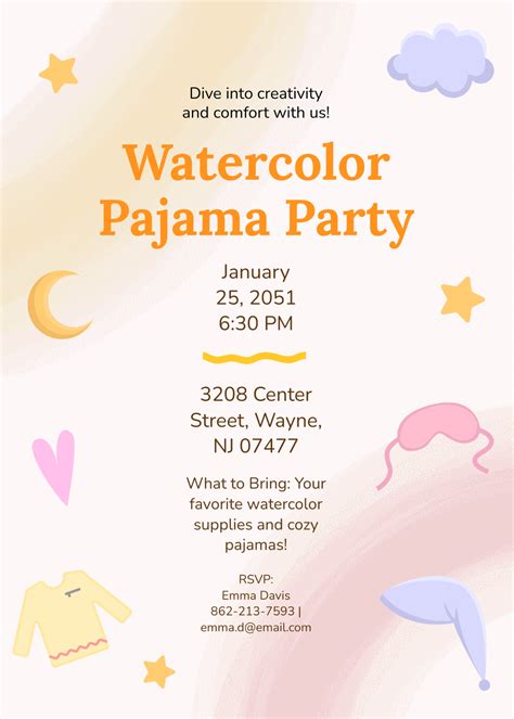 Free Watercolor Pajama Party Invitation Template to Edit Online
