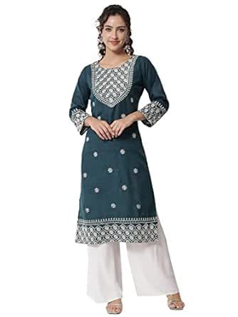 Buy VredeVogel Women's Cotton Silk Blend Chikan Embroidery Straight ...