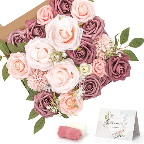 Amazon.com: Pink Roses Artificial Flowers - Dusty Rose Silk Flowers ...