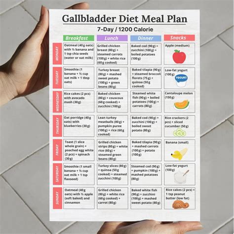 Gallbladder Diet Meal Plan 7 Day, 1200 Calorie Low Fat Meal Plan, Gallbladder Friendly Printable ...