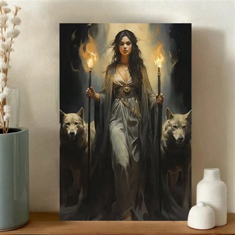 Guardian Of The Night Hecate Canvas Art Print With Wolves And Torches ...
