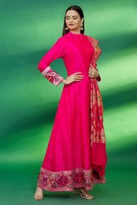 Buy Pink Silk Embroidery Mandarin Collar Anarkali With Dupatta For ...