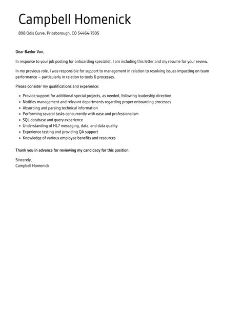 Onboarding Specialist Cover Letter | Velvet Jobs