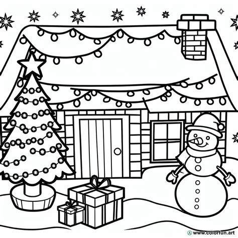 Coloring page of a decorated Christmas house Download or Print for free