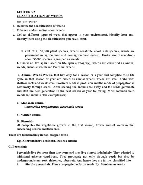 Lecture 2- Classification OF Weeds - LECTURE 2 CLASSIFICATION OF WEEDS OBJECTIVES: a. Describe ...