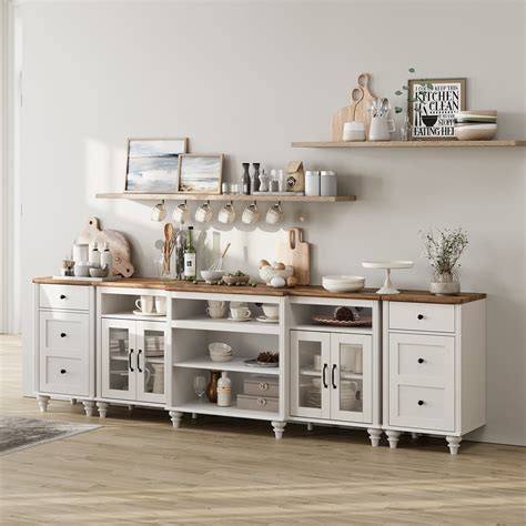 WAMPAT Buffet Cabinet With 4 Glass Doors, Large Coffee Bar Tables Wood ...