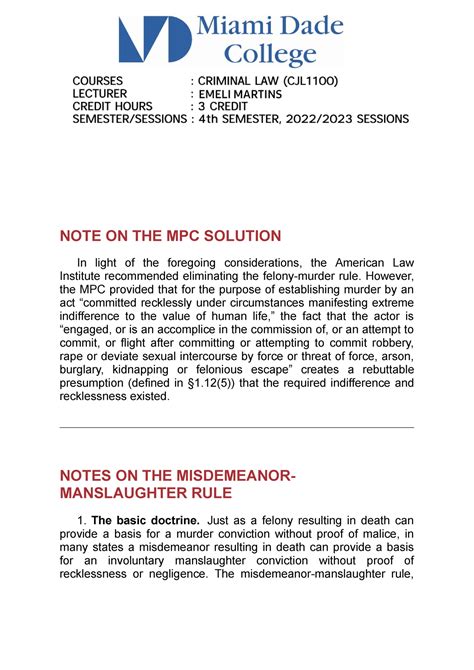 CJL1100 Miami Dade College 2022 Criminal Law CASE-100 - NOTE ON THE MPC ...