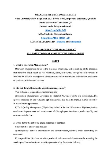 BA4204 Operations Management: All Units 2 Marks Q&A Guide - Studocu