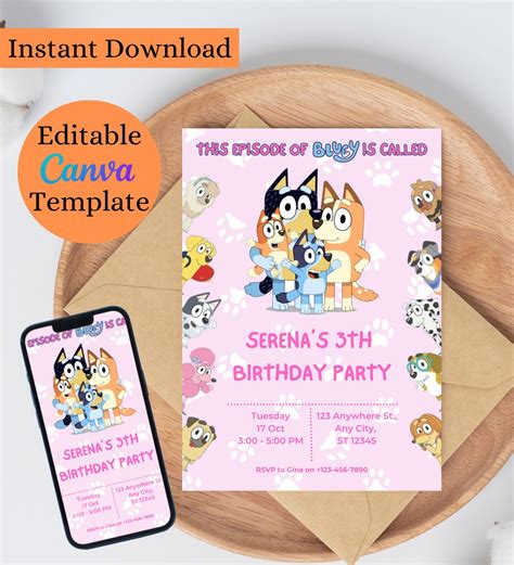 Buy Bluey Birthday Invitation Bluey Kids Invite Evite Card Online in ...