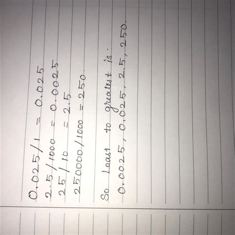 [FREE] Arrange the following from least to greatest: - 0.025 divided by ...