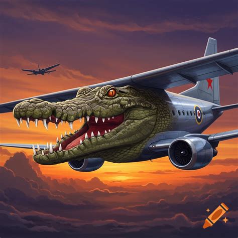Crocodile head emerging from the front of an airplane flying at sunset ...