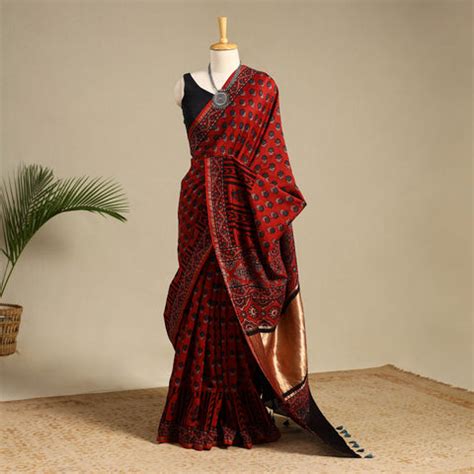 Ajrakh Saree - Buy Ajrakh Block Print Saree For Women Online | iTokri ...