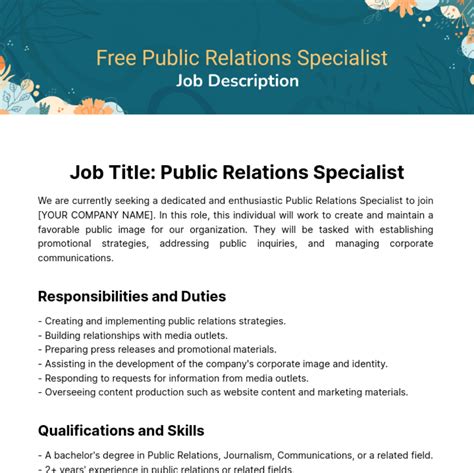 Free Public Relations (PR) Specialist Job Description Template to Edit ...