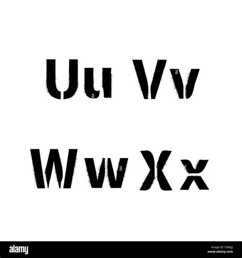 Realistic stencil font with dirty spray paint texture, U V W X latin letters isolated on white ...