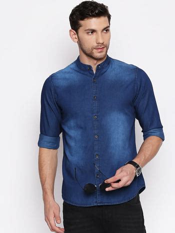 DENNIS LINGO MEN'S DENIM SLIM FIT COTTON CASUAL SHIRT WITH MANDARIN ...