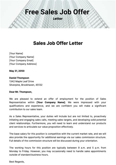 Free Sales Job Offer Letter Template to Edit Online