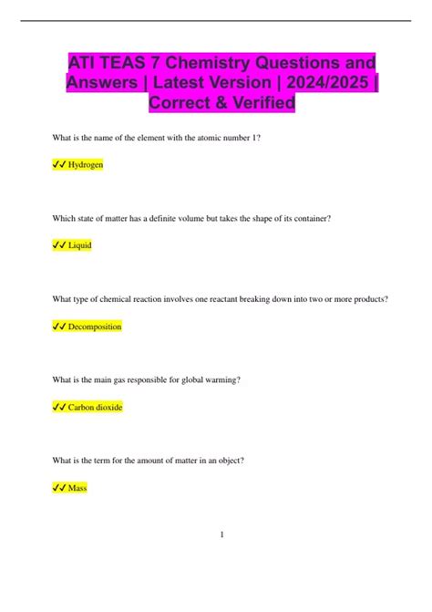 ATI TEAS 7 Chemistry Questions and Answers | Latest Version | 2024/2025 ...