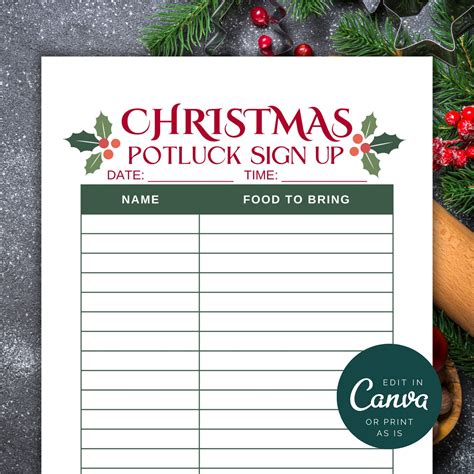 Spring Office Potluck Sign Up Sheet/printable Holiday Potluck Sign Up Sheet