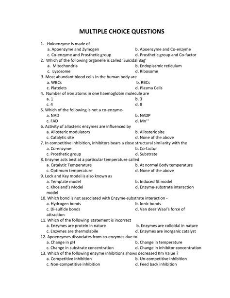 MCQ in Human Physiology FOR RUSA - MULTIPLE CHOICE QUESTIONS Holoenzyme ...
