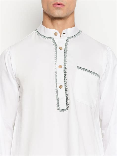 White Solid Embroidery Details Kurta For Men – Nabia